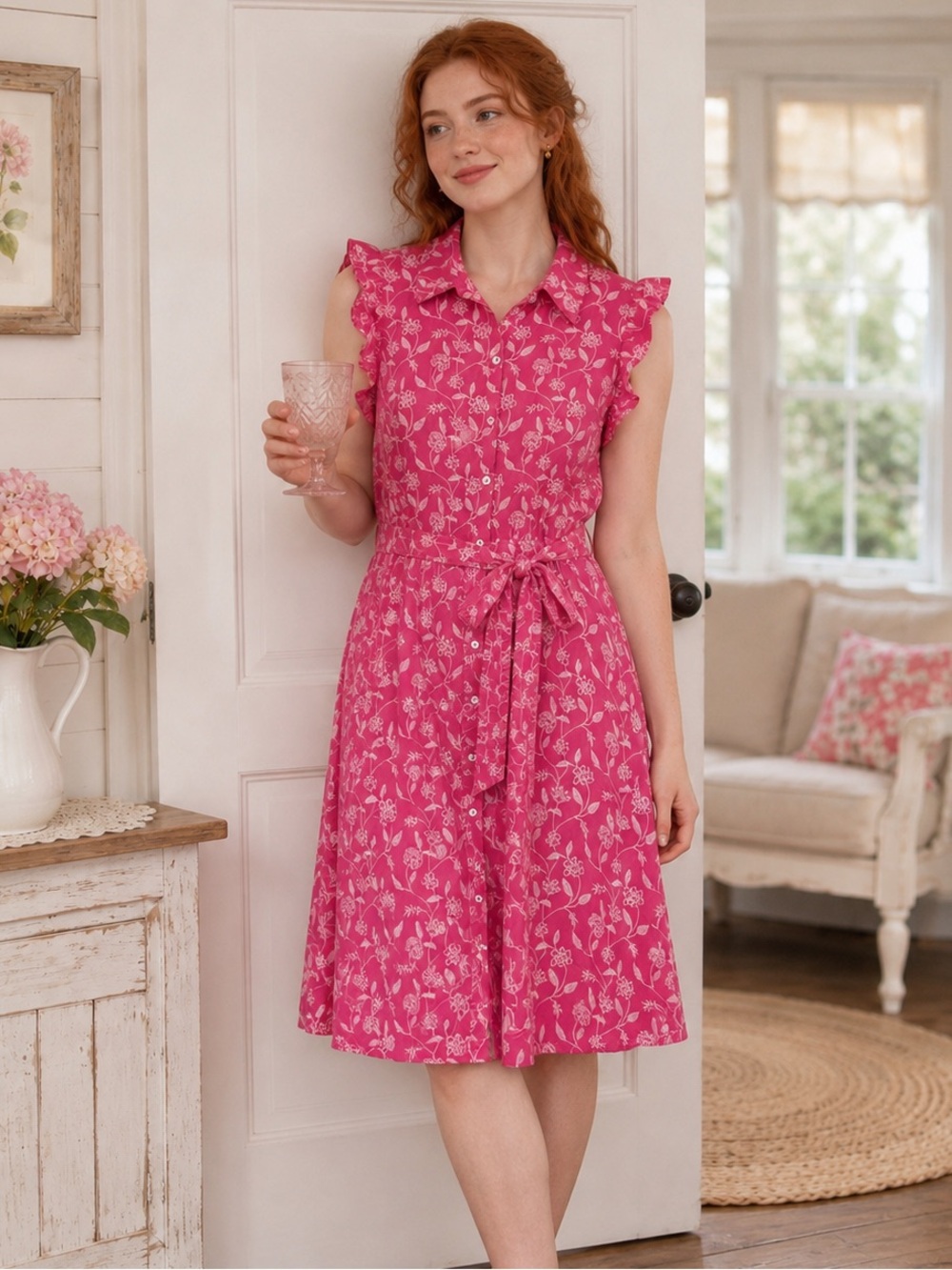 Draper James RSVP Pink Embroidered Floral Cotton Belted Dress